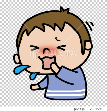 A boy who is coughing and seems to be in pain 120095952