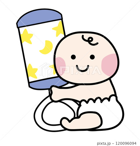 青いガラガラを持っているほっぺの赤い赤ちゃん 120096094