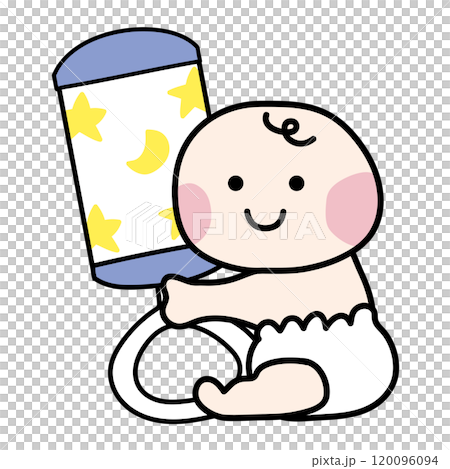 青いガラガラを持っているほっぺの赤い赤ちゃん 120096094