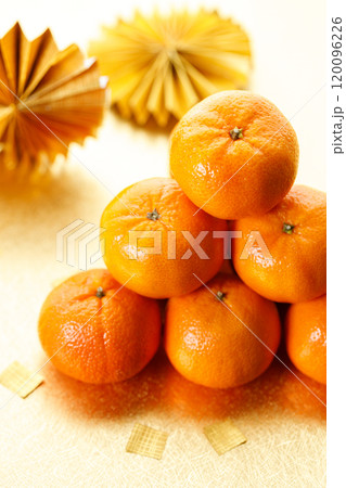 Tangerine oranges on golden background for celebration Lunar New Year 120096226