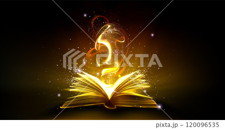 Magic book with golden light and shimmering stars. 120096535