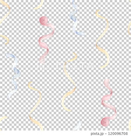 Watercolor pastel ribbons in pink, blue and yellow seamless pattern on white. Sewing girl accessories for baby nursery designs and festive birthday cards 120096708