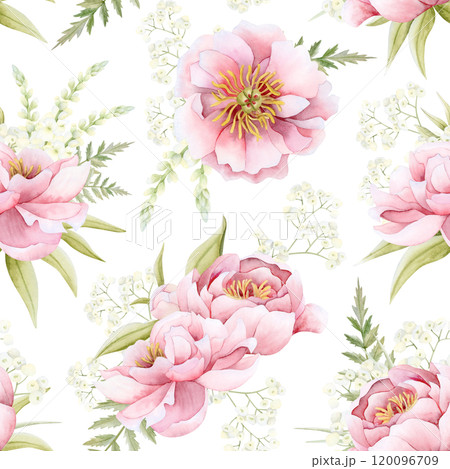 Mothers Day pink peonies, gypsophila and matthiola flowers with leaves watercolor seamless pattern on white. Floral garden roses repeat background for spring wedding design and fabrics 120096709