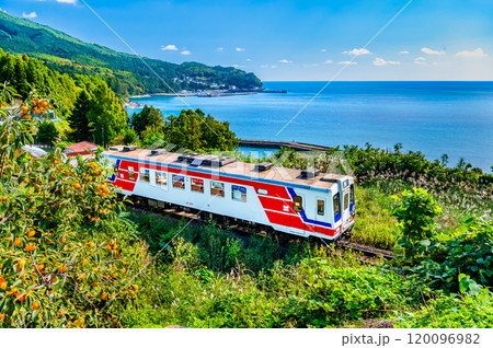 三陸鉄道 秋の三陸海岸を走る列車（吉浜－唐丹） 120096982