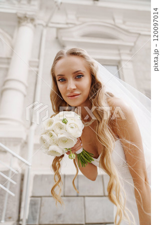 bride in a veil and with a bouquet against the background of a classic building bride in a veil and with a bouquet against the background of a classic building 120097014