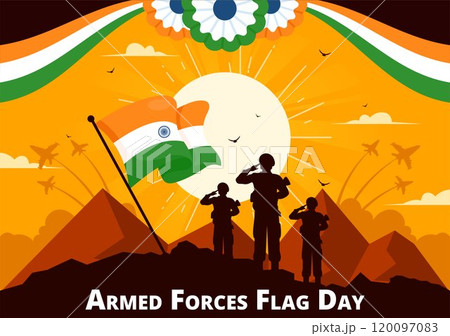 Indian Armed Forces Flag Day Vector Illustration featuring the Indian Army and Waving Flags in a National Holiday in a Flat Cartoon Style Background 120097083