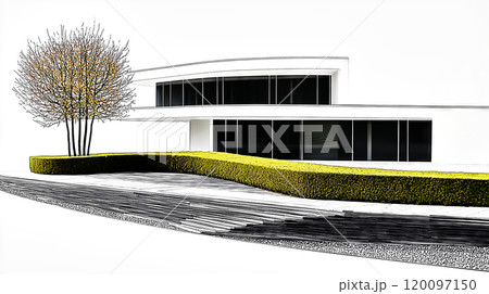 Modern minimalist house sketch with lush green garden 120097150