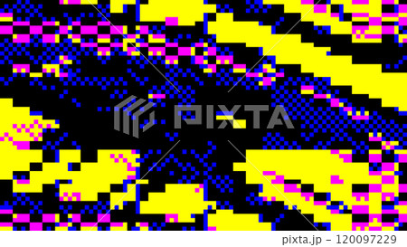 Abstract glitch art - pixelated yellow, blue, pink pattern on black background 120097229