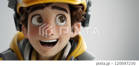 Animated Boy Wearing Yellow Helmet Smiling Excitedly in a Well-Lit Room 120097230