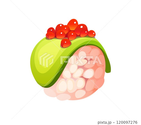 Cartoon temari Japanese sushi roll, topped with a layer of red salmon roe on a ball of sushi rice and covered with a bright green avocado or cucumber slice. Isolated vector traditional Japan seafood 120097276