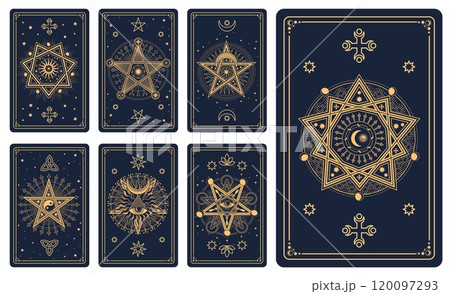 Occult tarot vector cards with gold line pattern of Moon, Sun, stars, esoteric eye of providence and magic pentagram. Vintage mystic tarot cards set with outline geometric frames, celestial ornament 120097293