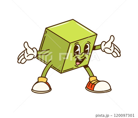 Groovy math geometric cube figure character. Isolated cartoon vector cheerful cubic with a bright green color, joyful expression outstretched arms, exudes fun and energy ready for children education 120097301