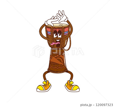 Cartoon African drum groovy musical instrument character. Isolated vector funny djembe personage playing tribal music, ready for reggae concert, kids school educational classes or folk performance 120097323