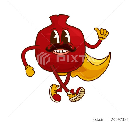 Groovy pomegranate fruit Halloween wizard character. Juicy tropical fruit wizard happy cartoon vector character, ripe pomegranate sorcerer or mage isolated groovy personage or happy smiling mascot 120097326