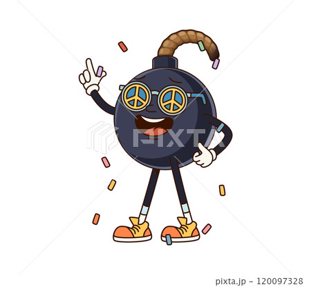 Cartoon hippie bomb groovy funny character. Dynamite, bomb or explosive funny funky isolated vector personage. Grenade with wick comical groovy character wearing sunglasses with hippie peace symbol 120097328