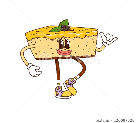Cartoon groovy cake bakery and pastry character. Vector fun and quirky slice of biscuit or cheesecake dessert retro food personage with a blackberry on top, exuding a sense of joy and playfulness Cartoon groovy cake bakery and pastry character. Vector fun and quirky slice of biscuit or cheesecake dessert retro food personage with a blackberry on top, exuding a sense of joy and playfulness 120097329