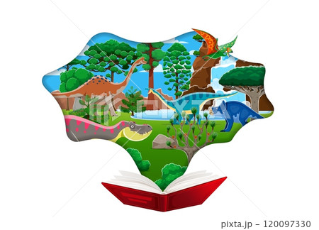 Paper cut opened book with prehistoric era dinosaurs landscape. Cartoon vector scene emerges from an open book symbolizing magic and adventure of reading. Educational storytelling about the dino world Paper cut opened book with prehistoric era dinosaurs landscape. Cartoon vector scene emerges from an open book symbolizing magic and adventure of reading. Educational storytelling about the dino world 120097330