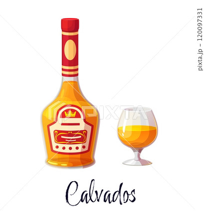 Calvados alcohol bottle and glass for bar drink or beverage, vector cartoon icon. Calvados brandy bottle with label and glass for premium quality alcohol drinks bar menu or party celebration 120097331
