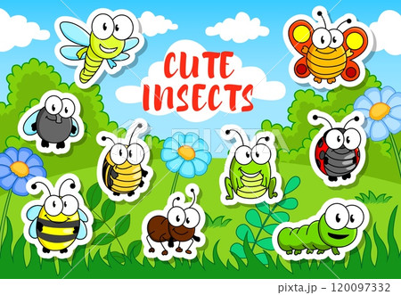 Cartoon funny insect characters stickers pack, vector cute bugs. Funny butterfly, ant, bee and fly, ladybug, grasshopper, dragonfly, worm or caterpillar insects characters on flower field background 120097332