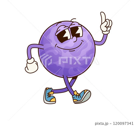 Solar system groovy planet character. Isolated cartoon vector cool purple space object teaching astronomy science for kids. Smart retro personage sports confident expression, walking and raised finger 120097341