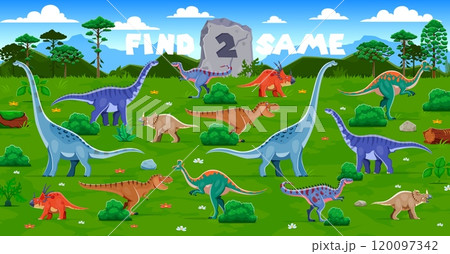 Find two same prehistoric dinosaurs in a lush natural landscape. Vector puzzle game, riddle, challenge workout that invites kids to find two identical dino. Educational and entertainment task activity 120097342