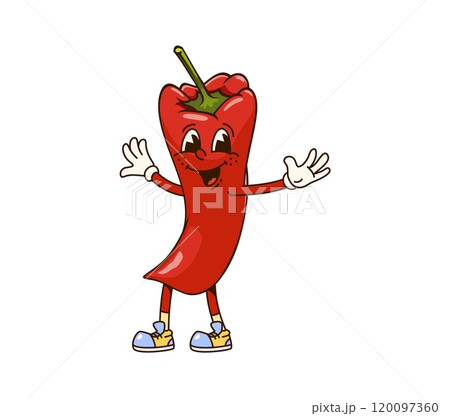 Groovy red bell vegetable character. Cartoon vector fun and lively fresh veg personage with expressive eyes, promoting healthy eating and playful nutrition for kids menu, ready for culinary adventures Groovy red bell vegetable character. Cartoon vector fun and lively fresh veg personage with expressive eyes, promoting healthy eating and playful nutrition for kids menu, ready for culinary adventures 120097360