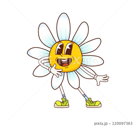 Groovy daisy chamomile flower character. Isolated cartoon vector blossom with white petals and yellow center. Summer garden bloom hippie personage with smiling face evoking retro spirit of 60s and 70s 120097363