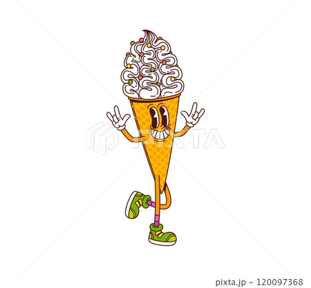 Cartoon ice cream cone funny groovy hippie sweet dessert character. Isolated vector summer food personage, positive waffle cone with tasty icecream swirls, sprinkles and smile, exuding retro vibes 120097368