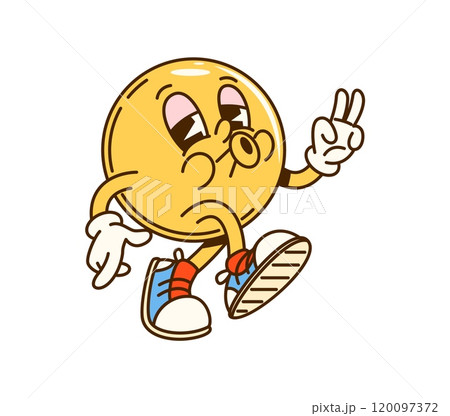 Cartoon groovy math geometric sphere figure character. Isolated vector cheerful, yellow spherical shape personage with friendly eyes and a smiling face, educate children in a fun and approachable way 120097372