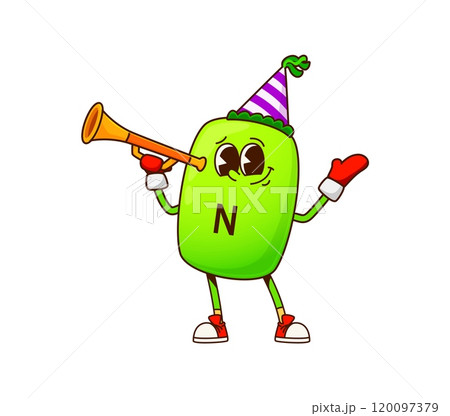 Christmas cartoon groovy vitamin N character with pipe, vector emoji for winter holiday. Groovy vitamin N pill character in party cone hat with happy face and funny smile for Christmas or New Year 120097379