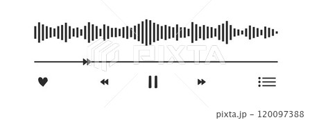 Music or video play interface bar icon, voice record display. Podcast playlist, play button. Song simple equalizer, record. Music or video play interface bar icon, voice record display. Podcast playlist, play button. Song simple equalizer, record. 120097388