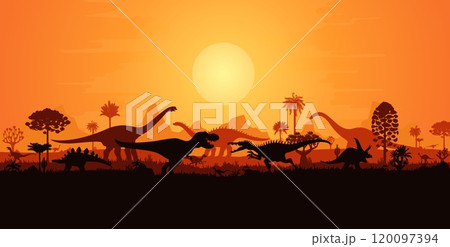 Giant dinosaurs fighting silhouettes in sunset landscape of Jurassic era, vector background. Prehistoric dino park or paleontology museum banner with fighting roaring T-rex and dinosaurs silhouettes Giant dinosaurs fighting silhouettes in sunset landscape of Jurassic era, vector background. Prehistoric dino park or paleontology museum banner with fighting roaring T-rex and dinosaurs silhouettes 120097394