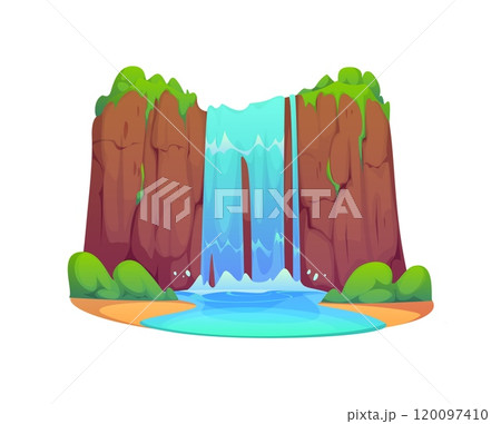Cartoon waterfall water cascade. Isolated vector rocky hill with falling flow and lush green vegetation. Natural environment or park landscape. Splashing aqua stream falling from the high rock 120097410