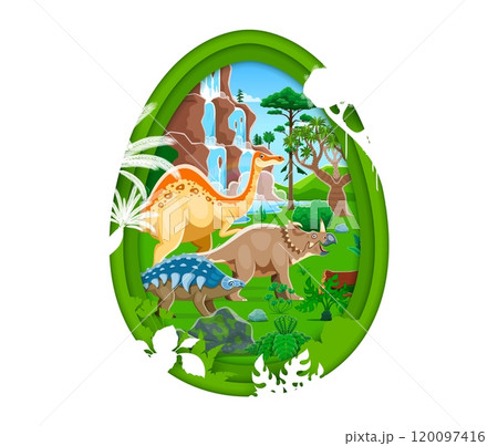 Paper cut dino egg with funny cartoon dinosaurs and prehistoric lizards, vector banner. Jurassic era park or jungle forest with giant dinosaurs, reptiles and lizards in forest in paper cut dino egg 120097416