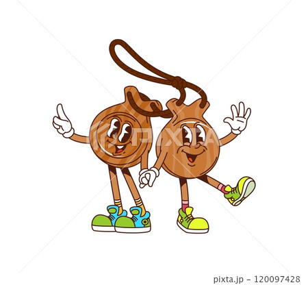 Cartoon castanets groovy musical instrument characters. Isolated vector funny percussion music tools of Latin America. Spanish culture, art and tradition friends personages flashing positive gestures 120097428