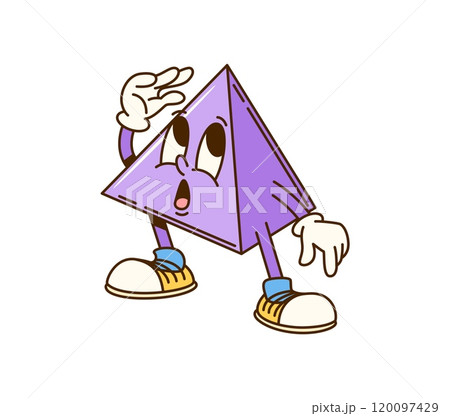 Groovy math geometric pyramid figure character. Isolated cartoon vector playful and lively educational shape personage wearing hippie sneakers and showing fun, mischievous or surprised expression Groovy math geometric pyramid figure character. Isolated cartoon vector playful and lively educational shape personage wearing hippie sneakers and showing fun, mischievous or surprised expression 120097429