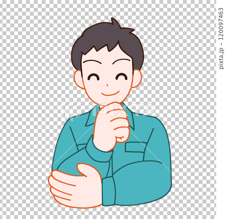 一個穿著工作服微笑思考的畸形男子的插圖 一個穿著工作服微笑思考的畸形男子的插圖 120097463