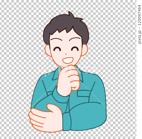 一個穿著工作服微笑思考的畸形男子的插圖 120097464