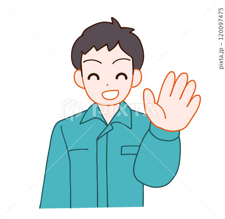 作業服を着た挨拶する笑顔のデフォルメ男性のイラスト 作業服を着た挨拶する笑顔のデフォルメ男性のイラスト 120097475