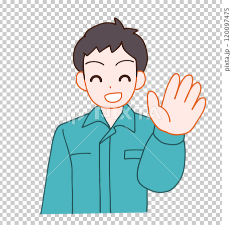 作業服を着た挨拶する笑顔のデフォルメ男性のイラスト 作業服を着た挨拶する笑顔のデフォルメ男性のイラスト 120097475