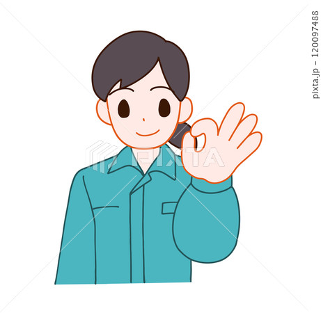 作業服を着たOKする笑顔のデフォルメ女性のイラスト 作業服を着たOKする笑顔のデフォルメ女性のイラスト 120097488