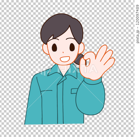 Illustration of a smiling deformed woman wearing work clothes saying OK 120097489