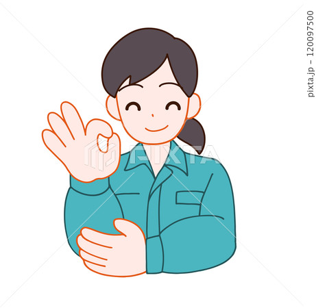 作業服を着た笑顔でOKする笑顔のデフォルメ女性のイラスト 120097500