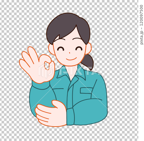 作業服を着た笑顔でOKする笑顔のデフォルメ女性のイラスト 120097500
