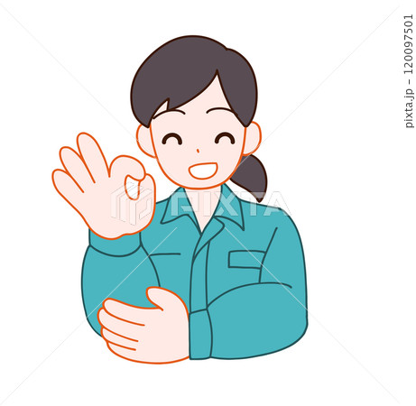 作業服を着た笑顔でOKする笑顔のデフォルメ女性のイラスト 120097501
