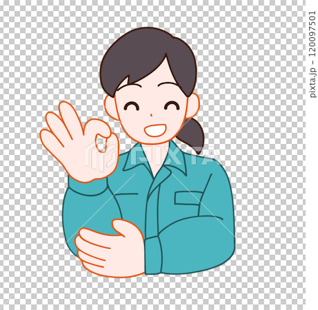 作業服を着た笑顔でOKする笑顔のデフォルメ女性のイラスト 120097501