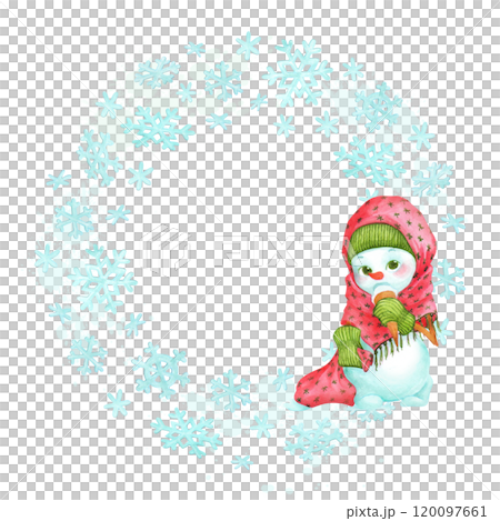 Circle frame of snowflakes and toddler snowman girl character. Watercolor background template for cards, plates or shopping bag designs. Decorative winter border with empty place for text in center 120097661