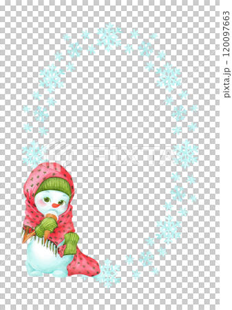 Oval frame of snowflakes and toddler snowman girl character. Watercolor vertical background template for cards, plates or shopping bag designs. Decorative winter border with empty place for text Oval frame of snowflakes and toddler snowman girl character. Watercolor vertical background template for cards, plates or shopping bag designs. Decorative winter border with empty place for text 120097663