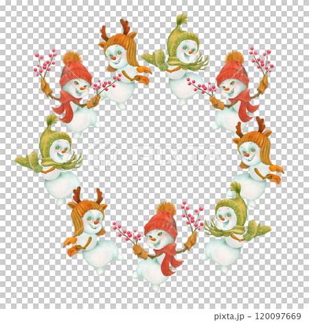 Circle frame or border with funny dancing snowmen. Watercolor background template for cards, plates, shopping bags. Decorative winter composition with place for text in center for holiday designs Circle frame or border with funny dancing snowmen. Watercolor background template for cards, plates, shopping bags. Decorative winter composition with place for text in center for holiday designs 120097669