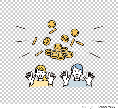 一個年輕男女很高興看到一堆硬幣的簡單插圖 120097933